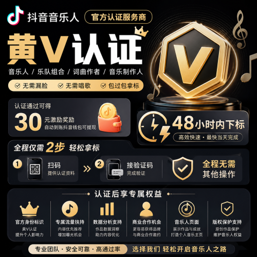 抖音双标音乐人黄V认证 无需漏脸 无需唱歌 包过包拿标